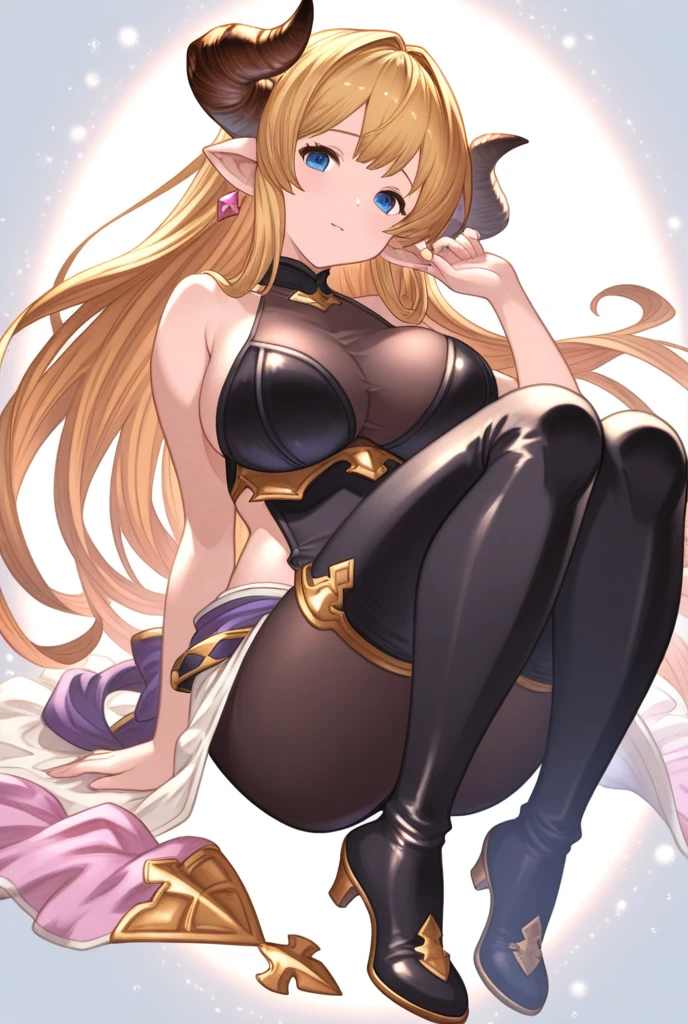 Succubus with long golden hair, ram&#39;s horn on head, Curvy body, dressed in revealing clothing.