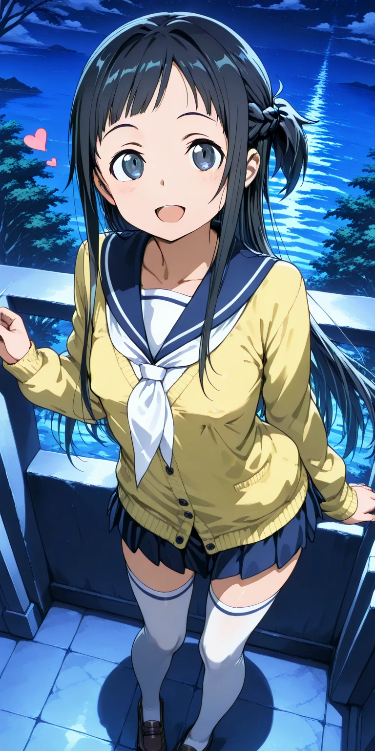 Kyoto animation, female, long hair, black hair, dark blue eye, cute face, thick eyebrows, big breast, sexy butt, slim body, atletic, sexy thigs, naked, hot spring, take a bath, sweet smile, 18 years old