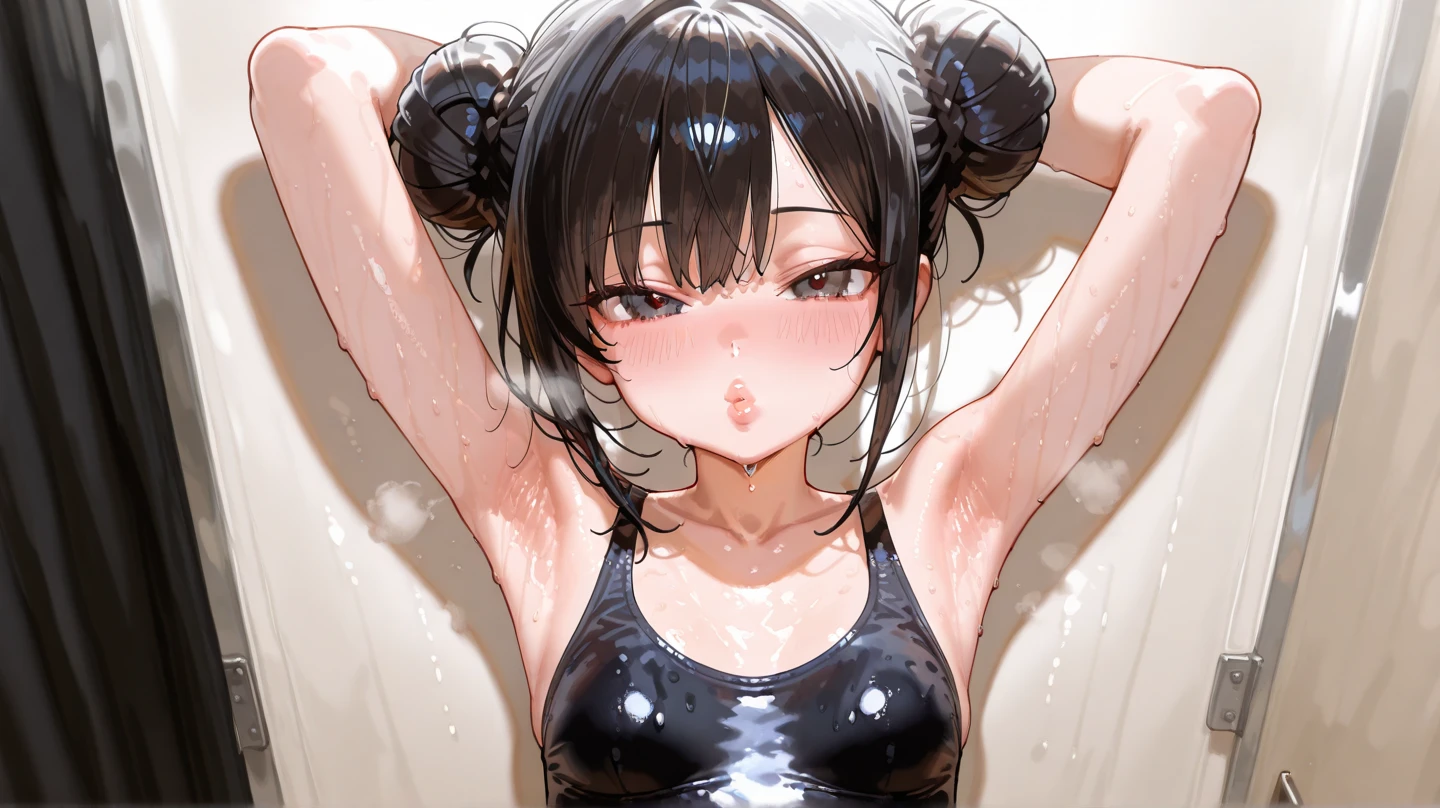 ahegaoでパイズリするSasaki Kanna, Yellow Tank Top, underboob, Sweat, Black hair twin tails, Big Breasts, smile, Drooling, Show off your big breasts