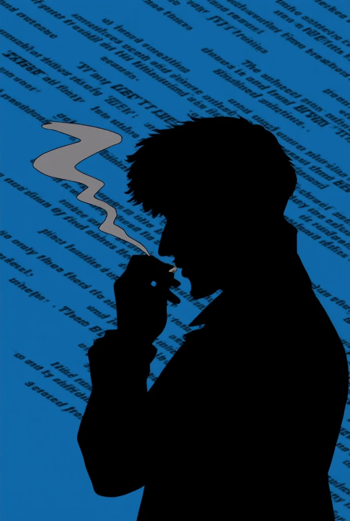 (best quality,8k,highres, masterpiece:1.2).(Cowboy Bebop style),(silhouette art),ultra-detailed, HDR, UHD, studio lighting, ultra-fine painting, sharp focus, physically-based rendering, extreme detail description, professional, bokeh, portraits, concept artists, dramatic lighting,A background with multiple sentences in English on a blue backdrop, silhouette art, a man with short, wavy hair wearing a suit with the collar of his dress shirt up, holding a cigarette in his hand and smoking, gray smoke from the cigarette, the upper body of a man facing right, Spike Spiegel.