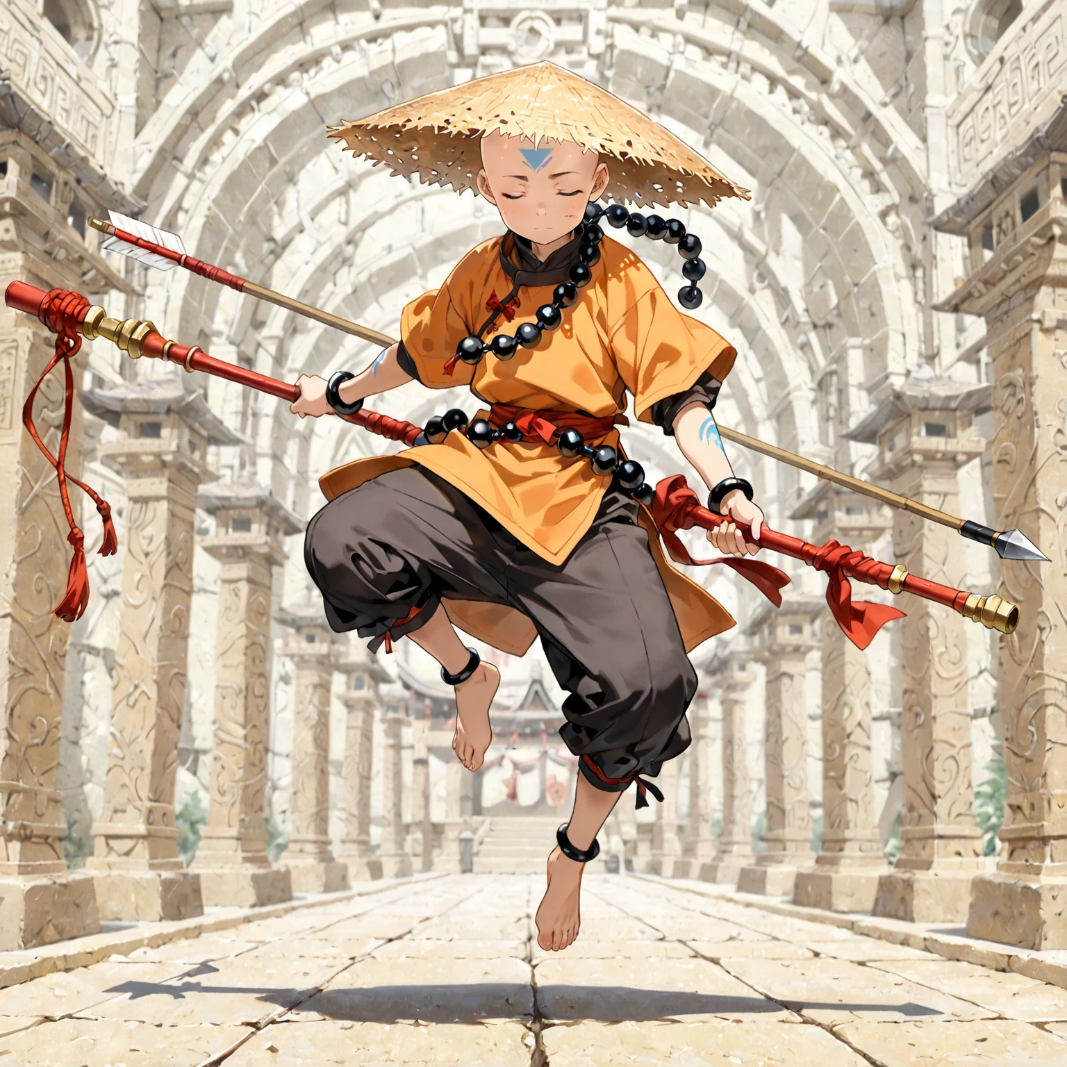(masterpiece, Highest quality:1.2), (1guy), young adult, tall, ,solo,monk beads, bald, Straw Hat, Eyes closed, holding a bo staff, Orange and yellow Chinese monk clothing, Air temple background, meditating and floating, winds flowing pale blue forhead arrow tattoo.