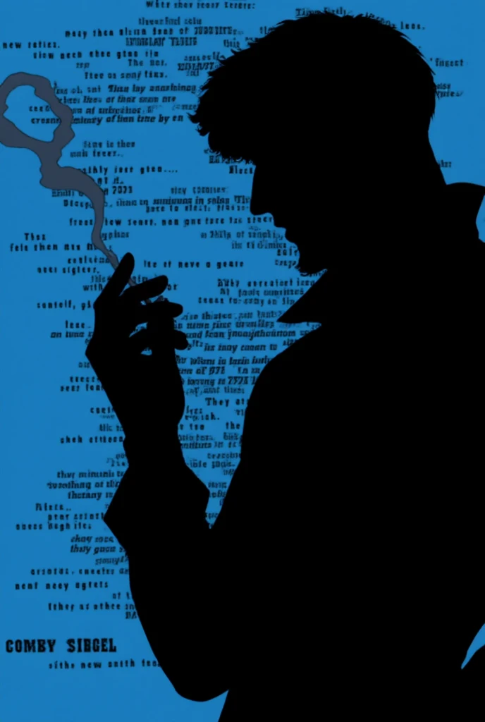 (best quality,8k,highres, masterpiece:1.2).(Cowboy Bebop style),(silhouette art),ultra-detailed, HDR, UHD, studio lighting, ultra-fine painting, sharp focus, physically-based rendering, extreme detail description, professional, bokeh, portraits, concept artists, dramatic lighting,A background with multiple sentences in English on a blue backdrop, silhouette art, a man with short, wavy hair wearing a suit with the collar of his dress shirt up, holding a cigarette in his hand and smoking, gray smoke from the cigarette, the upper body of a man facing right, Spike Spiegel.