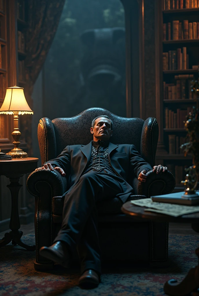 intricate detailed zombie,man with cigarette in mouth,sitting on victorian style armchair,gothic style living room,painting of demon portrait on wall,skulls on floor,(best quality,4k,8k,highres,masterpiece:1.2),ultra-detailed,(realistic,photorealistic,photo-realistic:1.37),dark moody lighting,dramatic shadows,cinematic composition