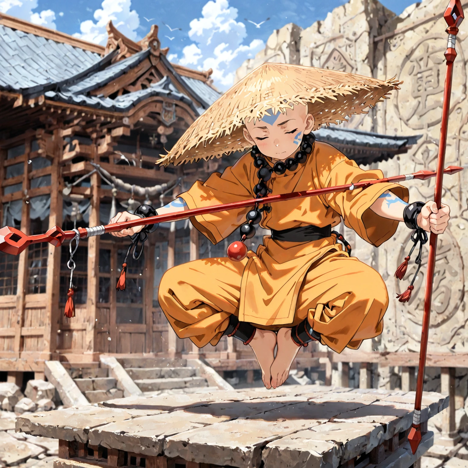 (masterpiece, Highest quality:1.2), (1guy), young adult, tall, ,solo,monk beads, bald, Straw Hat, Eyes closed, holding a bo staff, Orange and yellow Chinese monk clothing, Air temple background, meditating and floating, winds flowing pale blue forhead arrow tattoo.