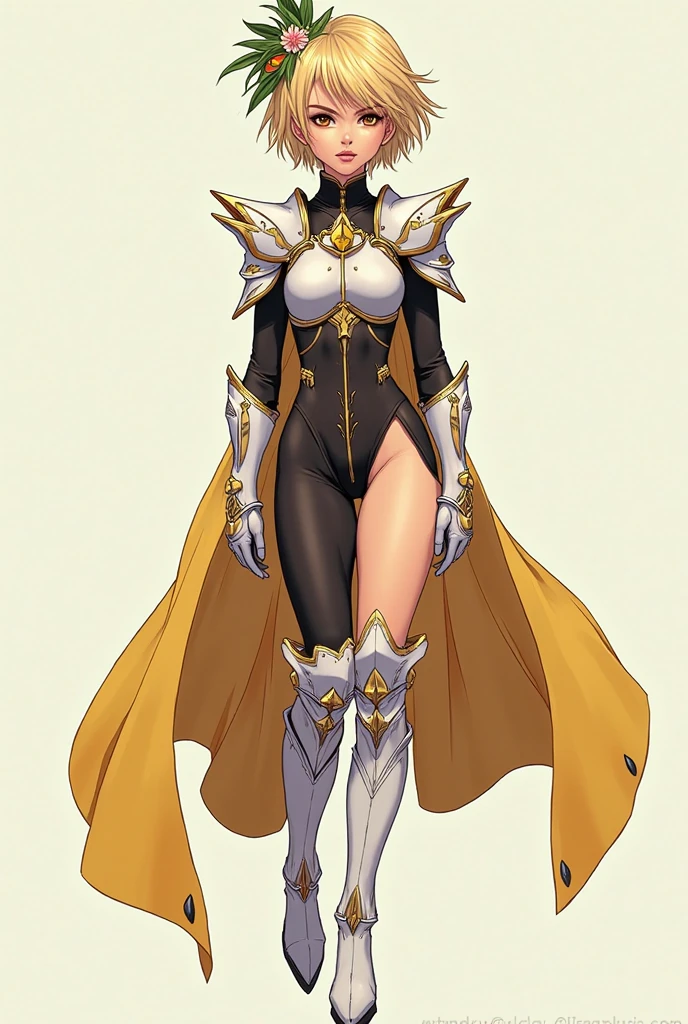 (Masteriece, full body of a woman in gold and white armor, plain background:1.2)