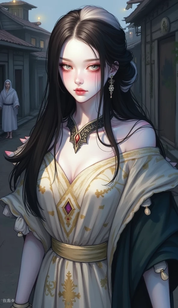 pale skin, violet eyes, perfect skin, fair skin, (solo), long silky black hair, makeup, create an image of a fantasy character wearing a fantasy robe, makeup, lipstick, necklace, character in the middle, standing, (well-proportioned curves)