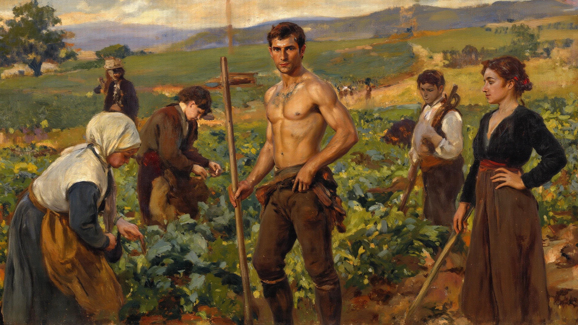 A gaudy (man), (beard:1.2), smirk, masculine, long blonde hair, wearing a flowery outfit and a massive wide-brimmed hat,(nude in a g-string:1.4), wielding a rapier on his hip, full body