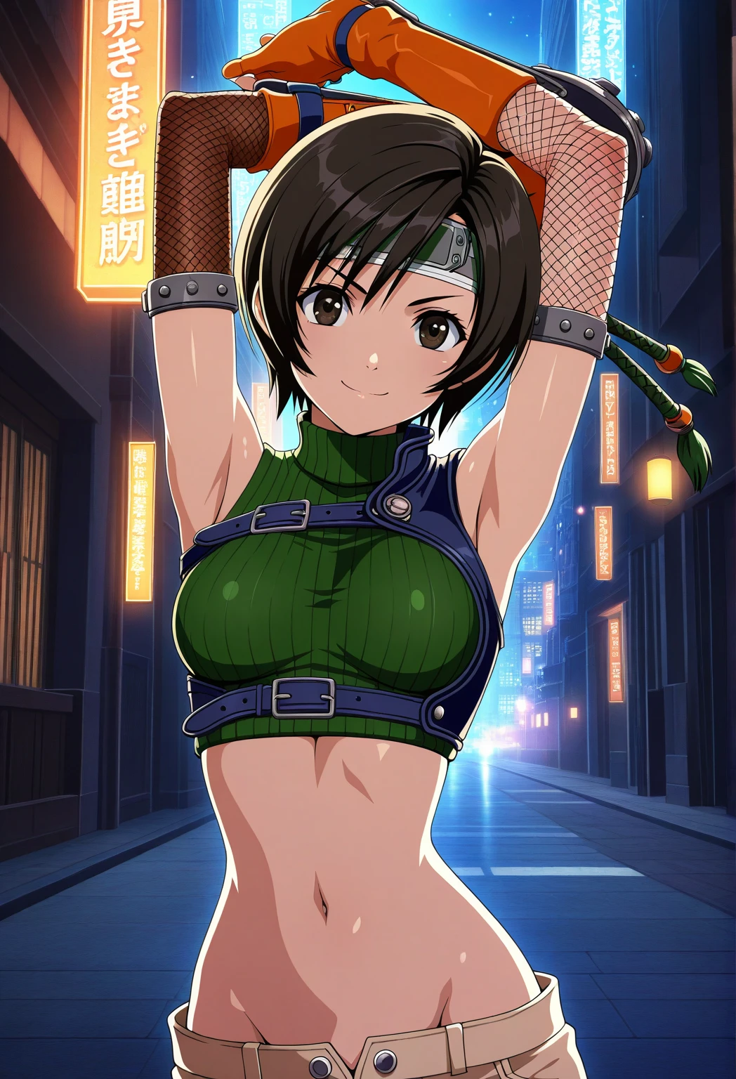 score_9, score_8_up, score_7_up,,BREAK source_anime, from below,below view,((shirtlift)),(arms up,arms behind head).straight-on,medium shot,looking_at_viewer,1girl, yuffie kisaragi, final fantasy, short hair,headband,navel,sleeveless,turtleneck,brown eyes,sleeveless turtleneck,solo,breasts,looking at viewer,smile,gloves,crop top,brown hair,shorts,midriff,,sweater,open fly,fingerless gloves,ribbed sweater,medium breasts,yufi_kisaragi,smile,beautiful,under_boob, beautiful nipple,,detailed skin,(masterpeace),(best quality),(aesthetic,very aesthetic),,highly detailed),,professional lighting,cinematic lighting,