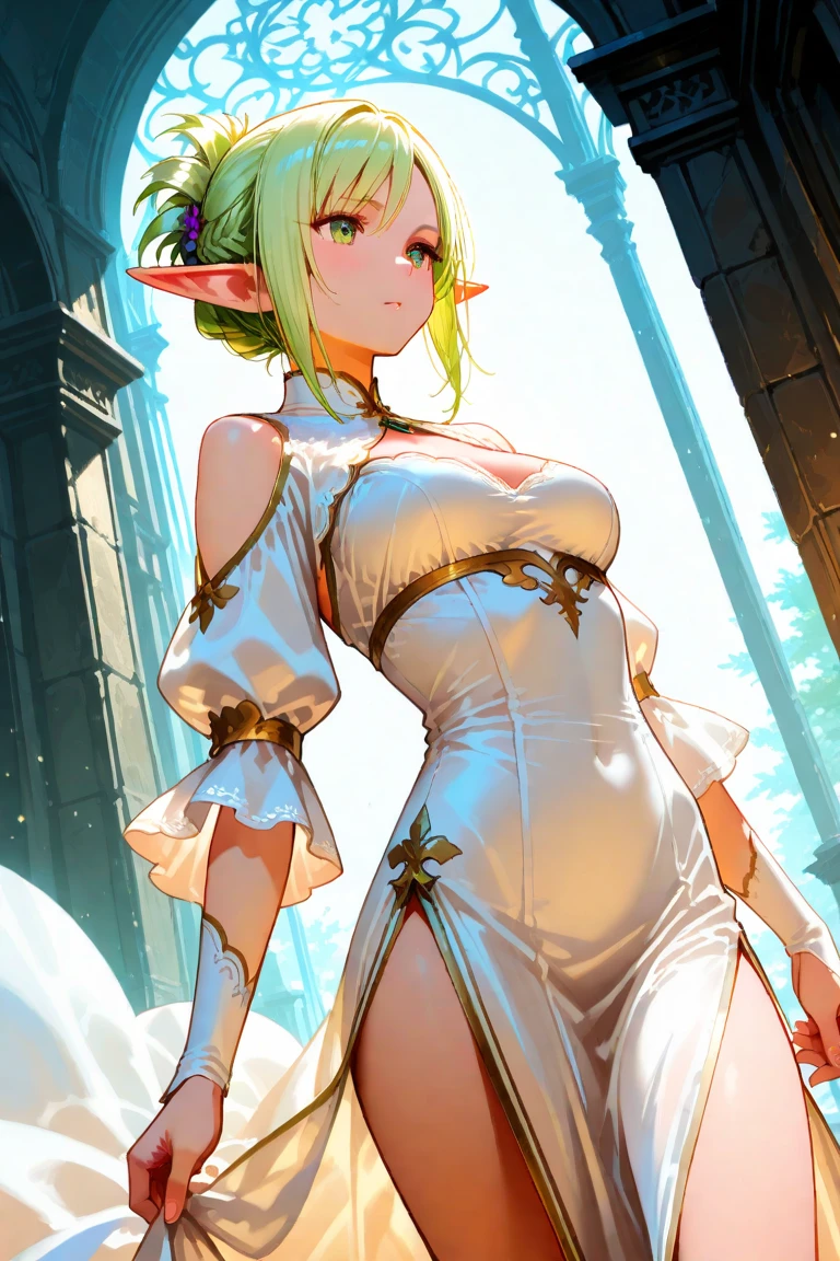 blonde hair. long hair. elves clothes. white panty. full body. cute. idiot. elf. A fantastic face. Fantastic eyes. Symmetrical eyes. Symmetry. (A glance over his shoulder) . Beautiful face. Realistic face. Beautiful eyes. Detailed face. Detailed eyes. Detailed suit. High quality picture. Detailed picture. Masterpiece. A high resolution.