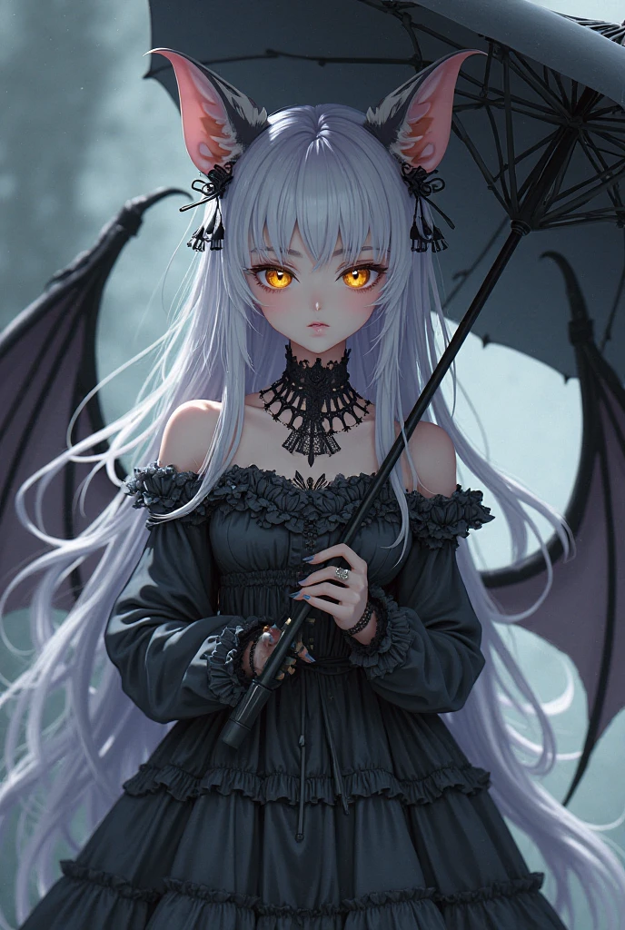 vampire　Girl　pale purple hair　Red eyes　It has wings　A hat with frills　Wearing a skirt, a one-piece garment　White skin　cool