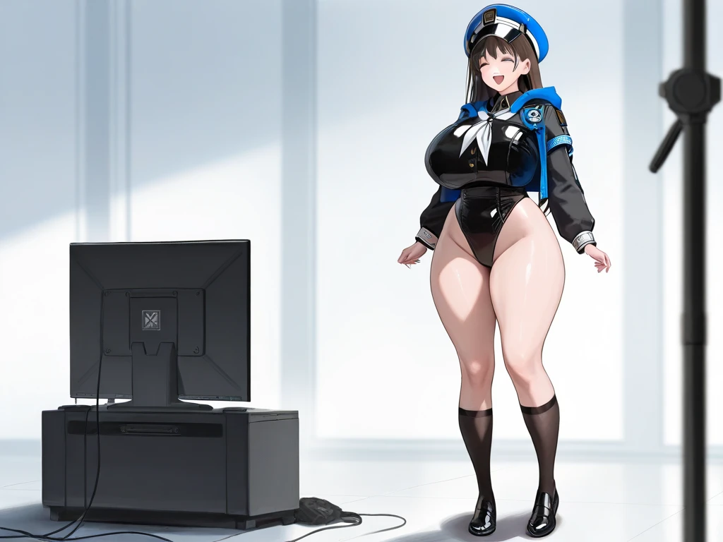 (masterpiece) (high Res), (robot), (Perfect face), (perfect anatomy) Television Head, woman in super tight clothes, (shirt), (office suit), (mini skirt), shirt, tie, blue glowing eyes, huge breast, narrow waist, wide hips, thick thighs, Brown skin, metal body, black high heels, (TV Head), (tv girl), (Television Head)