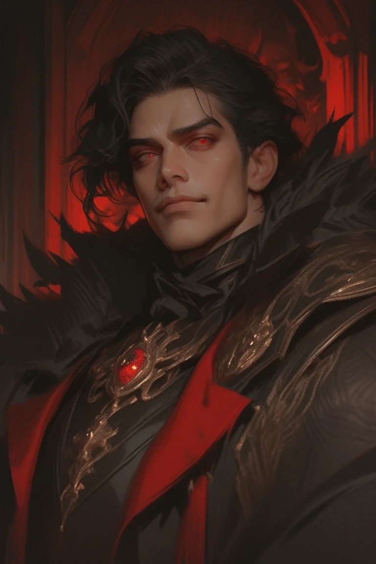 Close-up (non human Vampire from DC in Goth style: 1.3) emerging from the the old vampires castle, influenced by the colour red velvet, extremely detailed, smoke, sparks, metal shavings, flying debris, volumetric light