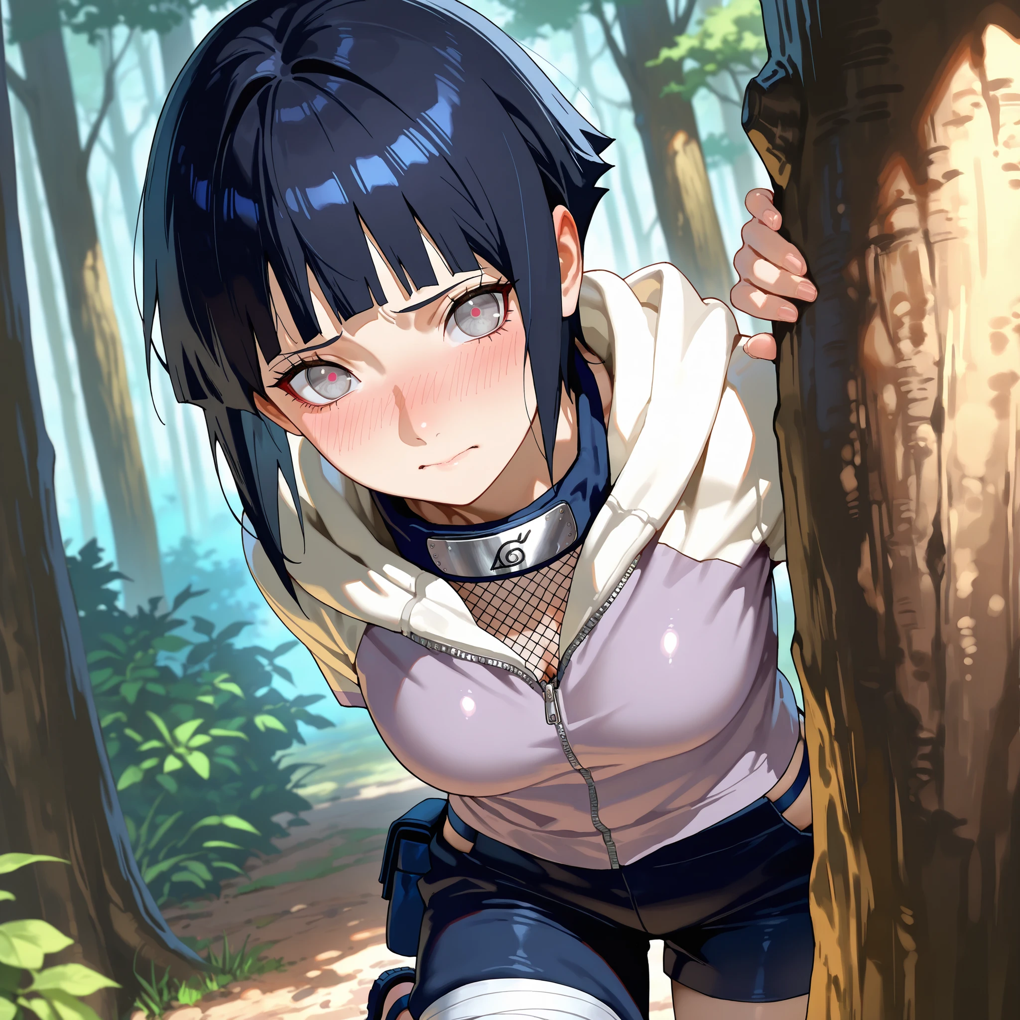 (Masterpiece), Best quality, Ultra detailed, "young hinata hyuga" from "naruto", 1girl, (((solo))), cowboy shot, close up, young slender girl, (((peeking out from behind a tree))), forest, soft clear skin, eyesHD, high gradient eyes, detailed eyes, high definition eyes, ultra detailed eyes, grey eyes with no pupil, nose blush, slight body blush, dark blue hair with her signature haircut, pale tan colored cropped hoodie with white fur trim partially unzipped, full length fishnet shirt underneath, medium breasts, pouch strapped to right leg with white straps, dark blue three quarter length pants, sandals, looking very shy,