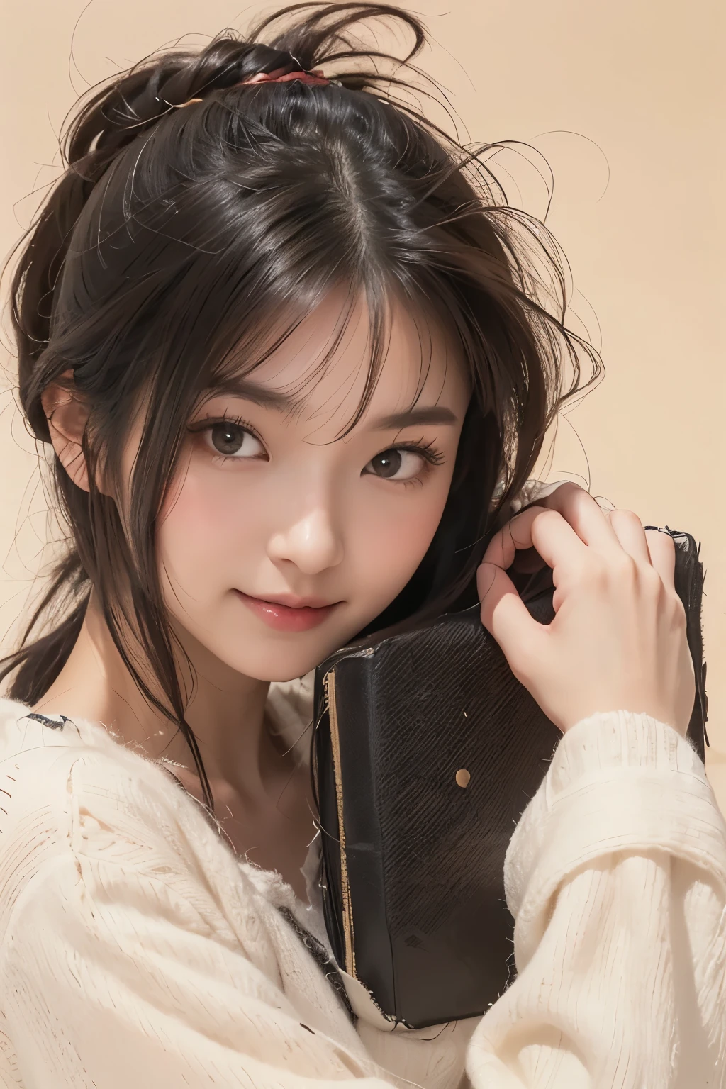 realistic,real,high image quality,Detailed,8K,1 woman,ときめきメモreal,Ayako Katagiri, Her dark brown hair、around the top knot with loose thread to create a、Surrounding my face 、surrounded by loose threads that flow softly in the breeze. ((big, long bangs flowing in a loose curve 2.0)),((Put your back hair together above your head 2.0)),Big eyes,big mouth,I'm holding a croquis book,kind smile
