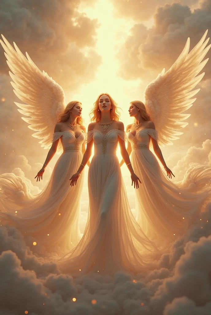 Three beautiful female angels in very light clothing, whole body