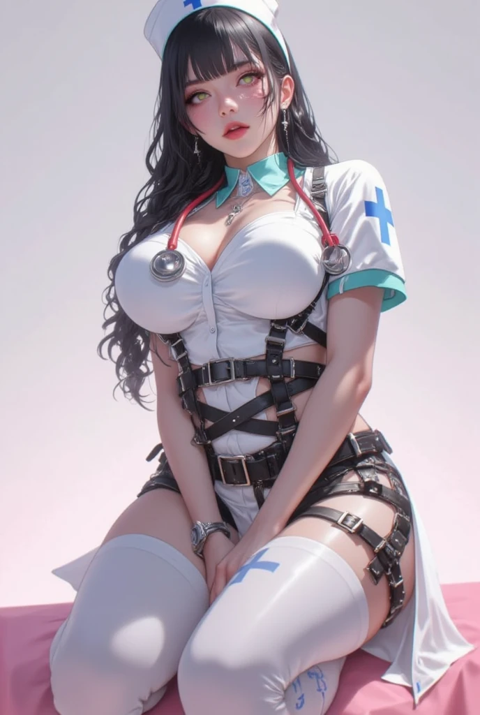 (masterpiece、Realtic、masterpiece,Very detailed,Highest quality,8k,CG,shape,shaving:1.0),(One Girl:1) 、Dark Room、Bedroom、sexy gestures and faces、sexy, jyojifuku,nurse、Big Breasts, Cleavage、latexのnurse uniform、Lying in bed、latex texture