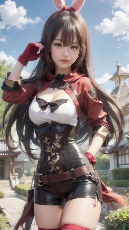 brown eyes, thighhighs, 1girl, gloves, solo, long hair, breasts, brown hair, goggles, amber \(genshin impact\), genshin impact, <lora:AmberGenshinImpactV2-000015:0.85>, red bunny ears, red thighhighs, brown shorts, masterpiece, realistic, lighting, cinematic, adventurer, backpack, baron bunny \(genshin impact\)