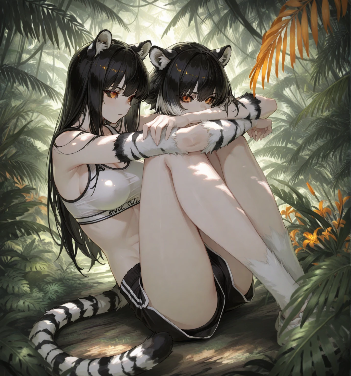 Two slightly young looking girls、Both of them are naked、Without any underwear on、They are playing together happily.。 The girl on the right is、It has raccoon ears on its head、Her hair is blue-gray with a raccoon pattern.、The hairstyle is short、The look on the face「Kemono Friends3」Similar to the raccoon dog、The color of the eyes is auburn、Wearing a collar with a blue ribbon、Has a raccoon tail on his butt。 The one on the left、He has fox ears on his head、Her hair is orange-yellow and her bangs are slightly flipped outwards.、The hairstyle is long hair、The look on the face「Kemono Friends3」Similar to the Ezo red fox、The eye color is hazel、She wears a pink ribbon collar、Has a fox tail on his butt。 The background is a tropical beach with palm trees.、A composition that includes both people's entire bodies in the image、Both of them are posing cutely、Frolicking on the beach、Lesbian sex。 Painted with pen and watercolor。