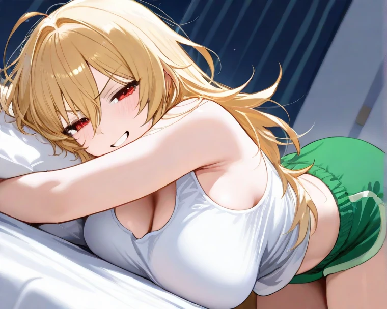 masterpiece, best quality, SimplePositiveXLv2, yuuki asuna, 1girl, solo, long hair, breasts, large breast, curvy, blonde hair, cleavage, t shirt, crop shirt, skirt, pantyhose, strip skirt, bedroom, indoors, Mattress, Loose shirts, loose skirt, thong, crop top, Lying on your side , blush, Embarrassed, looking at viewer
