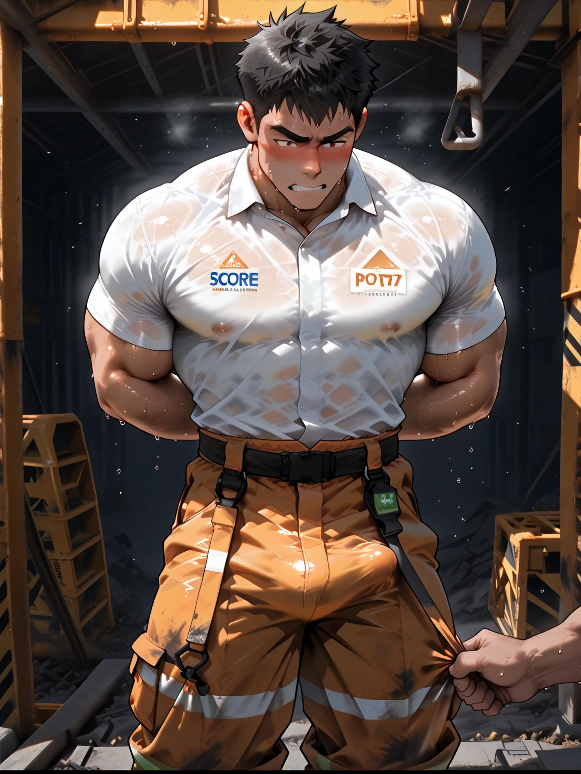 15 year old boy, wearing a t-shirt, cute baby face, body builder, huge solid thigh muscles, muscular and solid chest muscles, giant rippling biceps, huge muscular shoulder muscles, sweating  Drooling parody, wearing triangle underwear, underwear bulging due to genitals, white underwear, hands on hips (photo angle from bottom up)