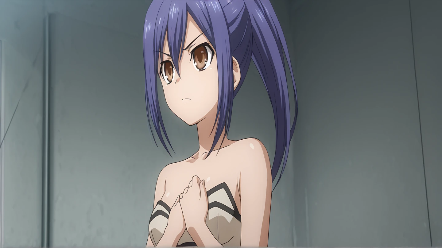 blue hair,blue eyes,short hair,jewelry hairband, short hair, bob cut(absurdres, highres, ultra detailed, masterpiece, best quality), (detailed background), (beautiful detailed face), high contrast, (best illumination, an extremely delicate and beautiful), ((cinematic light)), dramatic light, hyper detail, intricate details, BREAK (1girl, woman, solo, closed eyes, embarrassed, sexy, gorgeous, elegant, (nsfw:1.2, nude), medium breasts, (bdsm, bondage:1.2), arms up), BREAK (long ponytail hair,, long hair, straight hair, , dark lips, makeup, puffy lips, parted lips), BREAK standing, tied with leather straps, tied to pole, pants pull, shirt lift, latex, torn clothes, choker, BREAK looking away, cowboy shot, BREAK indoors, concrete wall, dark room, cage, wooden floor, dark room,
