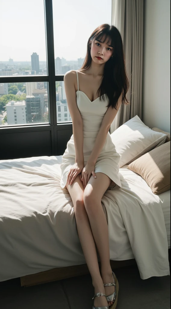(Highest quality:1.9)、(High resolution)、Live-action image quality、((19 year old female university student、1 person))、Soft lighting by a professional photographer、Natural light、((Very spacious white luxurious room:1.6))、((Bright white room:1.6))、(Sitting on a very luxurious white bed:1.2)、(White Bookcase:1.1)、Natural soft light、((Brown hair color:1.1))、Fair skin、Detailed Eyes、double eyelid、Slightly puffy cheeks、((Small Face:1.0))、((Grey knit dress、Please wear it with the chest open.:1.1))、Live-action image quality、(I don't make bangs:1.8)、F cup big breasts、Cleavage、(smile)、((Girly pose 1.8))、((Long hair with no bangs that exposes the forehead:1.1))、((Full Body Shot:1.2))、((Height: 150cm))、Hands in front、Hide your hands between your legs、