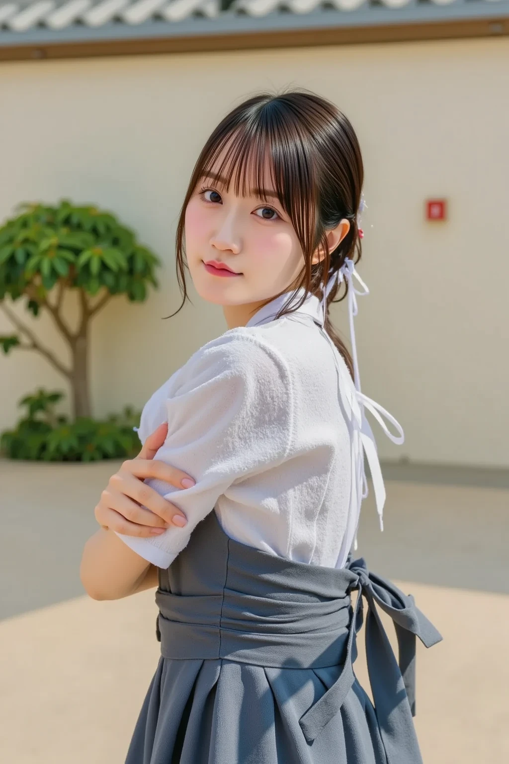 Pretty 21 year old woman(Japanese face)Wearing an apron and a miniskirt、Being at the beach house