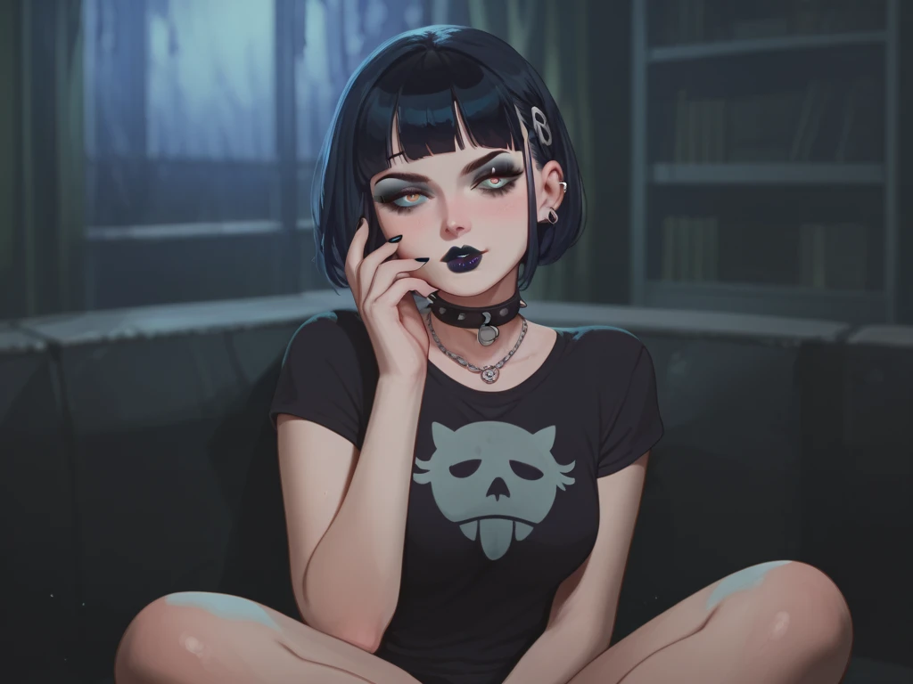 goth girl caucasian, , seduce, neon bedroom, wrecked, tears, kneeling, cute, leather jacket