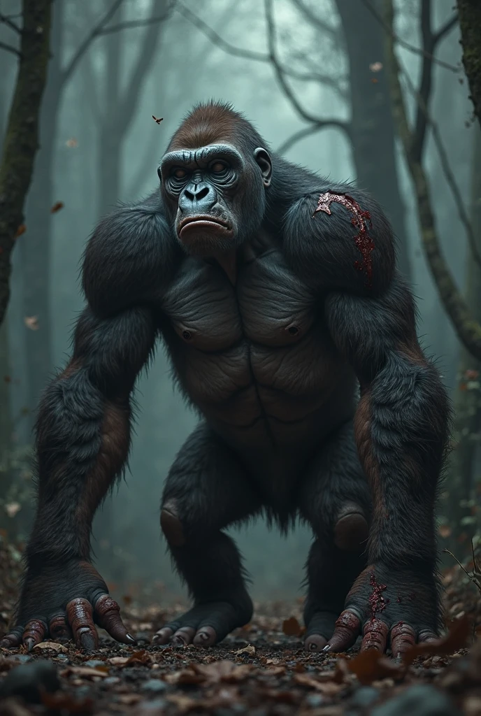 fking_scifi_v2, epic, full body, ultra-high resolution photograph, Realism, (muscular:3.0), chimpanzee, standing tall in the forest, massive pectoral muscles, massive well-defined biceps, well defined six pack abs, wide shoulders, well developed deltoids, hyperrealistic, by David Mann, by Mark Brooks, by (WLOP:1.1): Bokeh: DSLR, F/64: Warm Color Palette: Full-HD: Natural Lighting: