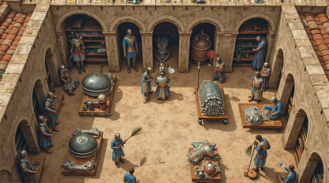 a bustling blacksmith shop in arabic style architecture, at the middle age filled with the glow of hot metal and the clang of hammers.