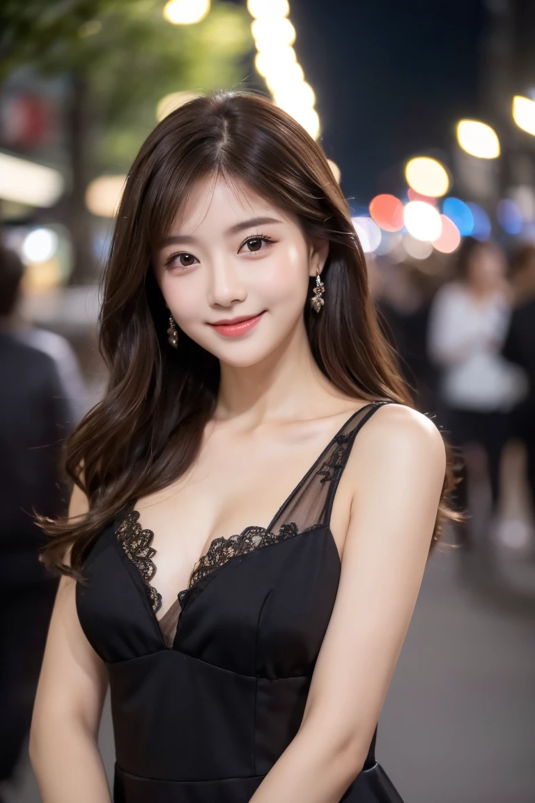 ((((8k))),((Extremely meticulous CG)) ,(wallpaper),16k,((Extremely refined and beautiful)),(((Masterpiece))),(((best qualtiy))),(((Ultra High Resolution))),beautiful light up,Perfect lightning,realistic shaded,[A high resolution],(Smooth and flawless fair skin:1.5),(pale skin:1.3),Extremely exquisite facial details,(perfect body:1.1),ultra-detailed,A beautiful girl,solo,small head,(long hair:1.1),((bangs)),(messy hair:1.2),(confused eyes:1.2),small face,Exquisite makeup,(huge breasts:1.5),towering chests,slim,thin,happy,(smile:1.2),(Black lace strapless dress:1.3),(thighs),(slender legs:1.2),(pantyhose:1.2),(high heels:1.2),(night scene:1.5),(Beside the street:1.5),(At the entrance of the massage parlor:1.3),(Pink neon lights:1.2),(detailed background:1.5),(arms behind back:1.3),(standing:1.3),(close-up of upper body:1.2),(from front:1.3),(Surrounded by crowded crowds:1.5),(winter)