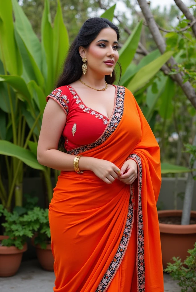Shrabanti Chatterjee bengali actress beautiful actress sexy curvy plus size model woman in a different red black yellow color Off-shoulder Dress, manga mala necklace ornament in necklace for wedding, Head Jewelry for wedding, busty, ???????????, mid body shot, round belly, thick body, outdoor village background, Aegis Amaterasu Embroidery