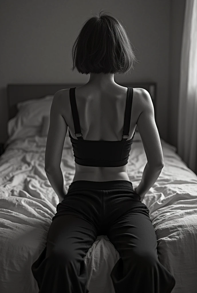 from behind showing back Deep photo, depth of field, ferrania p30 film, shadows, photo of a gorgeous girl sitting on top of a bed, Silhouette, messy bun hair, nighttime, underwear, sexy, dimly lit, b&w, smirk, instagram model, crushed blacks
