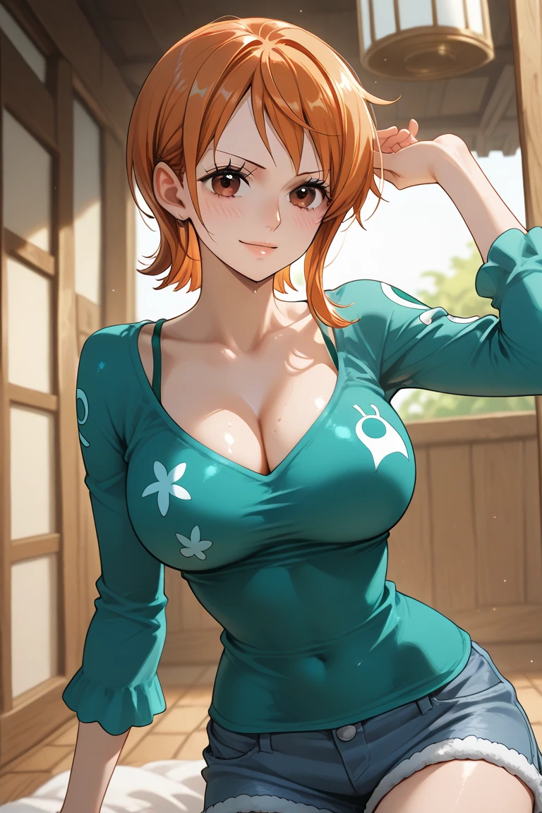 uzumaki_kushina,massive large_breasts, large thighs,large_ass, solo, green shirt,navel, cleavage ,ponytail,tight dress, masterpiece, best quality, detailed face, detailed eyes, highres, (masterpiece:1.4, best quality:1.2), (Highres), (Detailed Illustration), Ultra-Detailed, konohagakure, sitting,looking in front, smiling playfully,mischievous eyes,blue eyes
