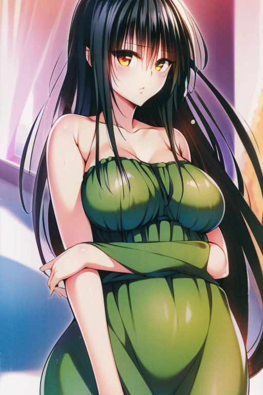 dynamic pose, cinematic angle, solo, kazuma satou, long brown hair, green eyes, large breasts, cleavage, smile, blush, happy face, long dress, wedding dress, church,