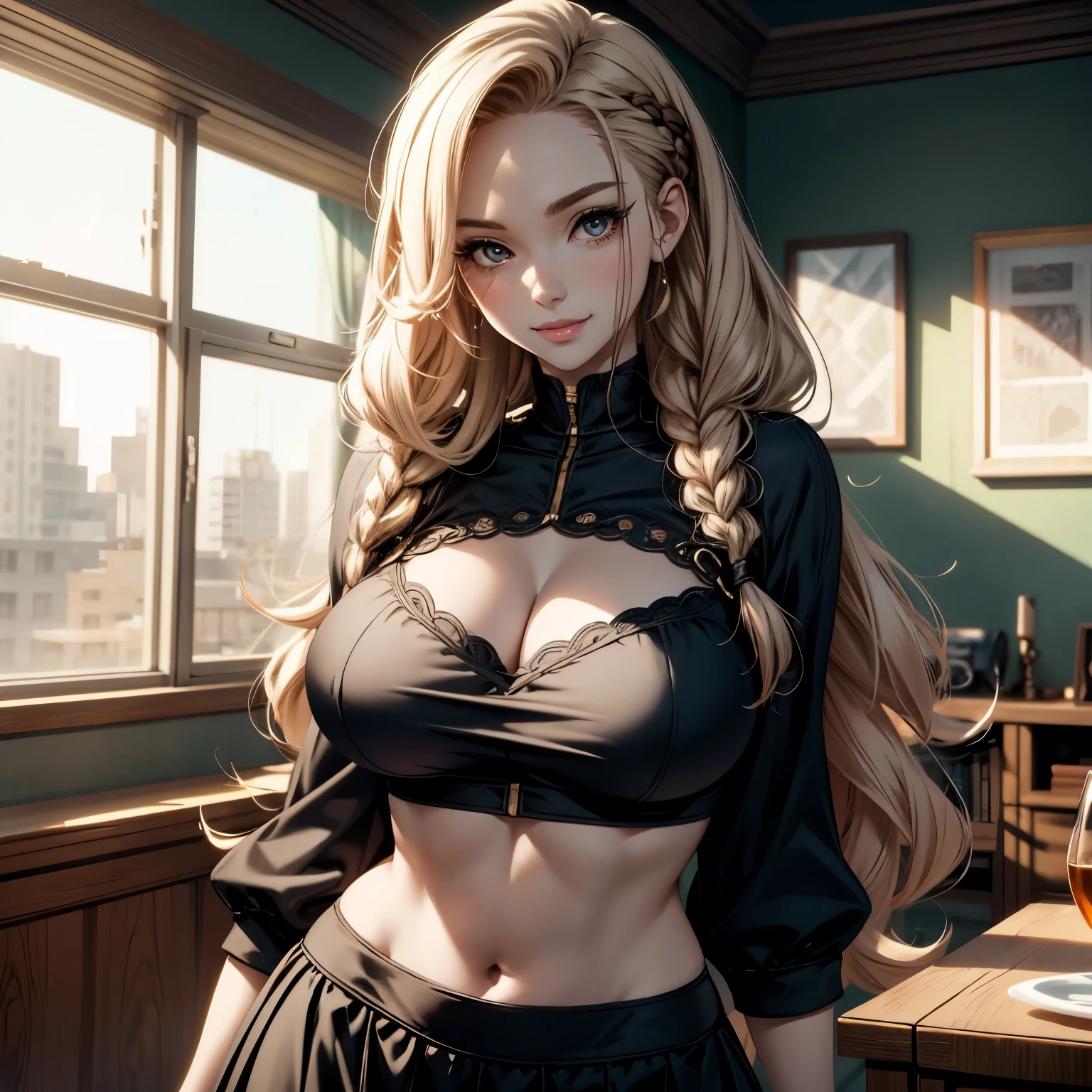 (Blonde stunning hair), (blue eyes), blue necklace, Golden earrings, Fit, Gorgeous Body, gorgeous, brown eyebrows, (two moles over lip), big pupils, (23 years old), 1girl,solo, complex skin, warm light, (large breasts), wide thighs, round butt, 5 fingers, ((blushing)), ((detailed face, best quality)), (masterpiece)), ((ultra-detailed)), (beautiful detailed eyes), red lip, eyeshadow, beautiful face, long hair, very detailed eyes, intricate details in eyes, perfect lips, good lighting, cleavage, ((smug face)), red crop top and black leather shorts, in pink living room, ((showing off cleavage)), wearing socks without shoes, ((show socks and bottom of socks))