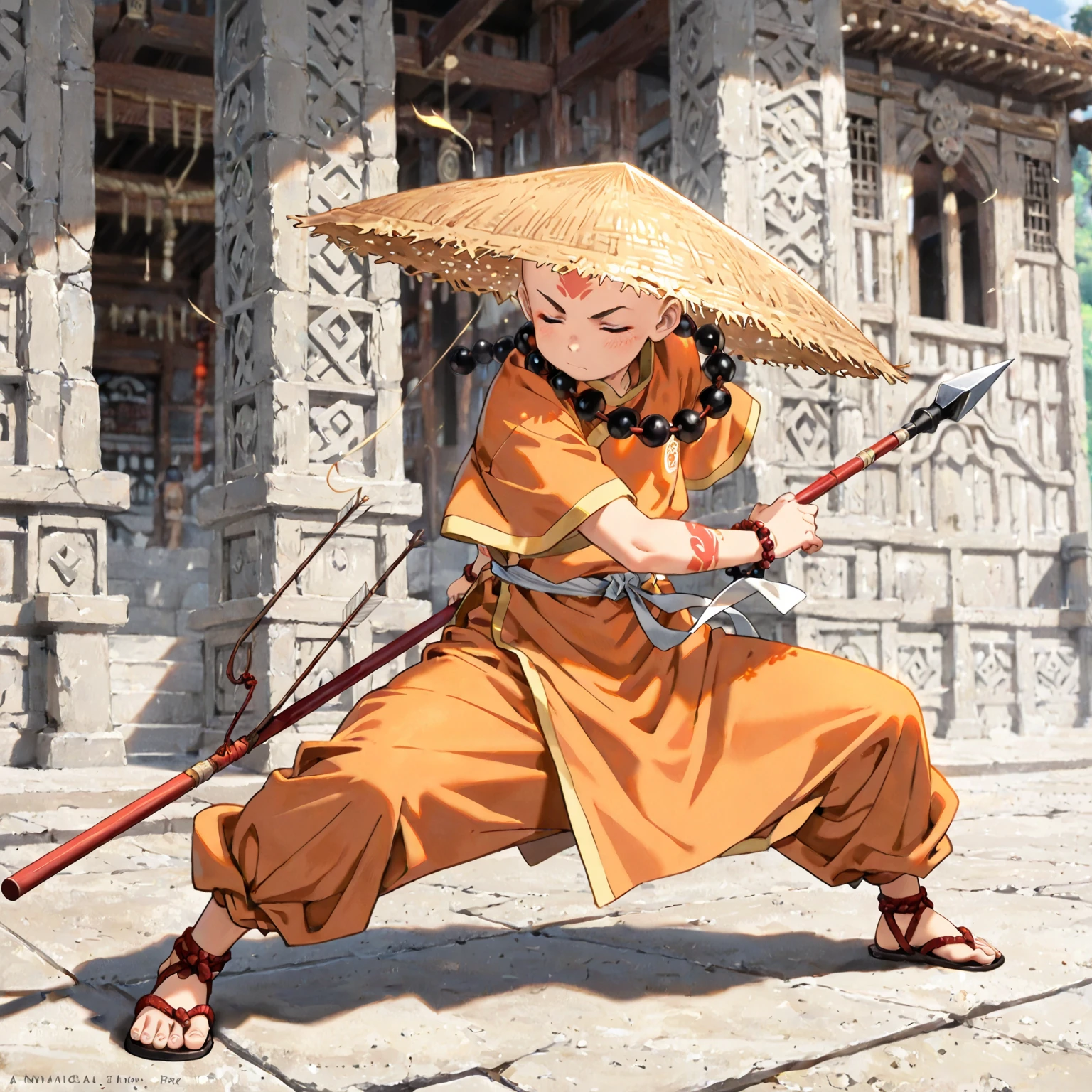 (masterpiece, Highest quality:1.2), (1boy), young , tall, ,solo,monk beads, bald, Straw Hat, Eyes closed, holding a bo staff, Orange and yellow Chinese monk clothing, Air temple background, marital art's stance ,a short breeze is behind him, wind's flowing, pale blue forhead arrow tattoo.