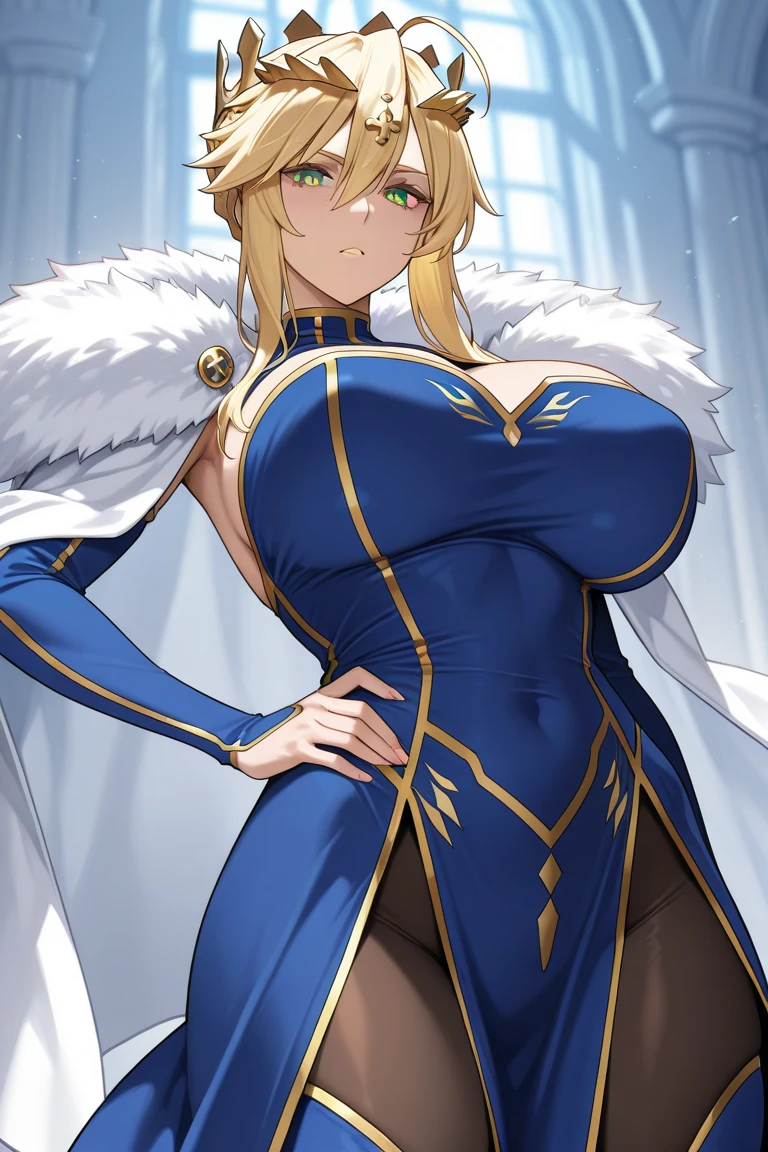{{masterpiece}},{{best quality}},{{hyper detailed}},{{insanely detailed}},{{exquisite}},{{beautiful}},{{8K}},{{{perfect anatomy}}},{{official art}},{{super detailed skin}},{{illustration}},{{game cg}},{{realistic}},{{{{{ideal ratio body proportions}}}}},{{{perfect hands}}}, depth of field,{{{perspective}}}, indoors,{{{dark room}}},{{{deep shadows}}},{{in the Castle}},{{in the entrance hall, stairway}},{{{Dark Lighting}}},{{{cinematic lighting}}},{{{faint light}}},{{{midnight}}}, moon,{{{night sky}}}, 1girl, solo, mature female, dynamic angle, looking at viewer, sexy pose, dynamic pose, standing,{{{open legs}}}, 1girl, Lancer Artoria, Artoria Pendragon(Lancer), fgo,{{pale skin}},{{shiny skin}}, tall, slender,{{{thicc}}},{{Gigantic Sagging breasts}}, huge breasts, narrow waste, wide hip,{{{thick tights}}}, sexy pose, dynamic pose, seductive smile, floating hair,green eyes,{{{skindantation}}}, braid, crown, turtleneck, cleavage cutout, sleeveless, blue leotard, elbow gloves, blue thighhighs, fur trim, red cape, gauntlets,