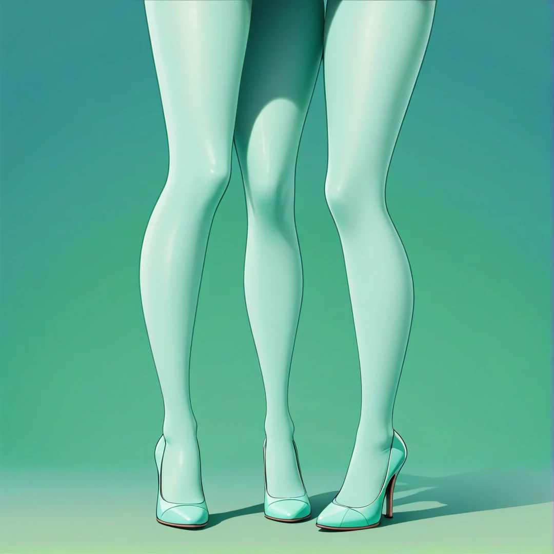 The legs of a woman wearing white tights and black high heels and the legs of a woman wearing purple tights and black high heels are sandwiched between each other's thighs. The background is a crowded supermarket.