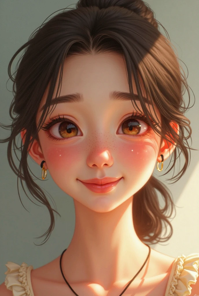 She is cute and bubbly, she has squarish face and a beautiful innocent smile