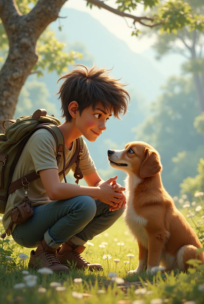 HAPPY, CUTE CHILD WITH HIS DOG ON AN ADVENTURE., short hair, brown hair, climbing the mountain, bright, Surrealism, Minimalism, Pixar, UHD, 1080P, HD, 8k, textured skin, high details --auto --s2