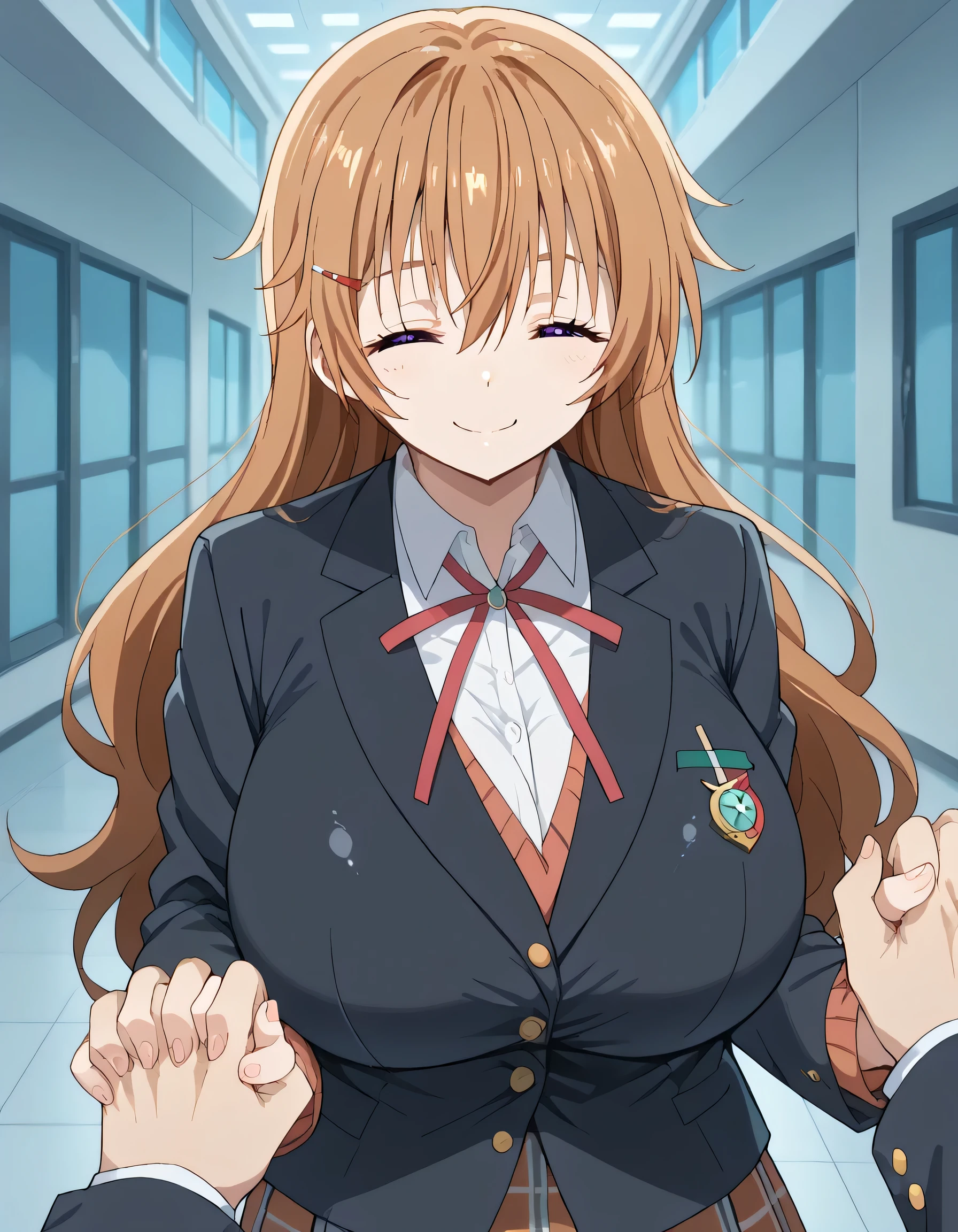 score_9, score_8_up, score_7_up, source_anime, kanata konoe, long hair, bangs, brown hair, hair ornament, purple eyes, hairclip, orange hair,gigantic breasts,shiny skin, skirt, long sleeves, school uniform, jacket, red ribbon, black jacket, blazer, nijigasaki academy school uniform,eyes closed, wide smile, holding hand, pov