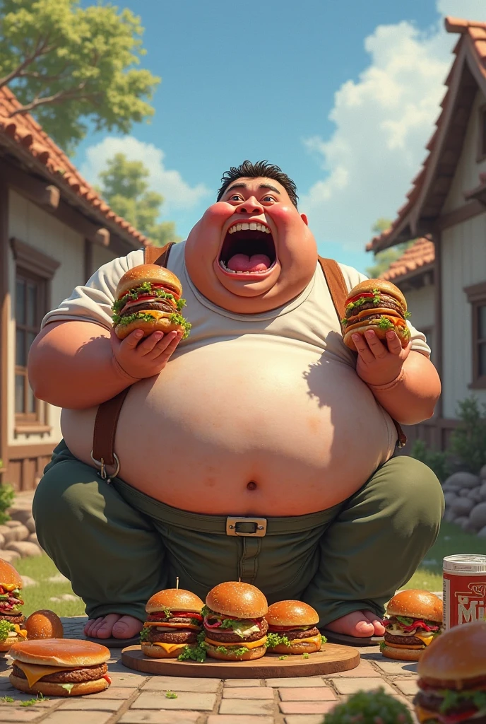 Make me a fat person and have burgers orbit around him