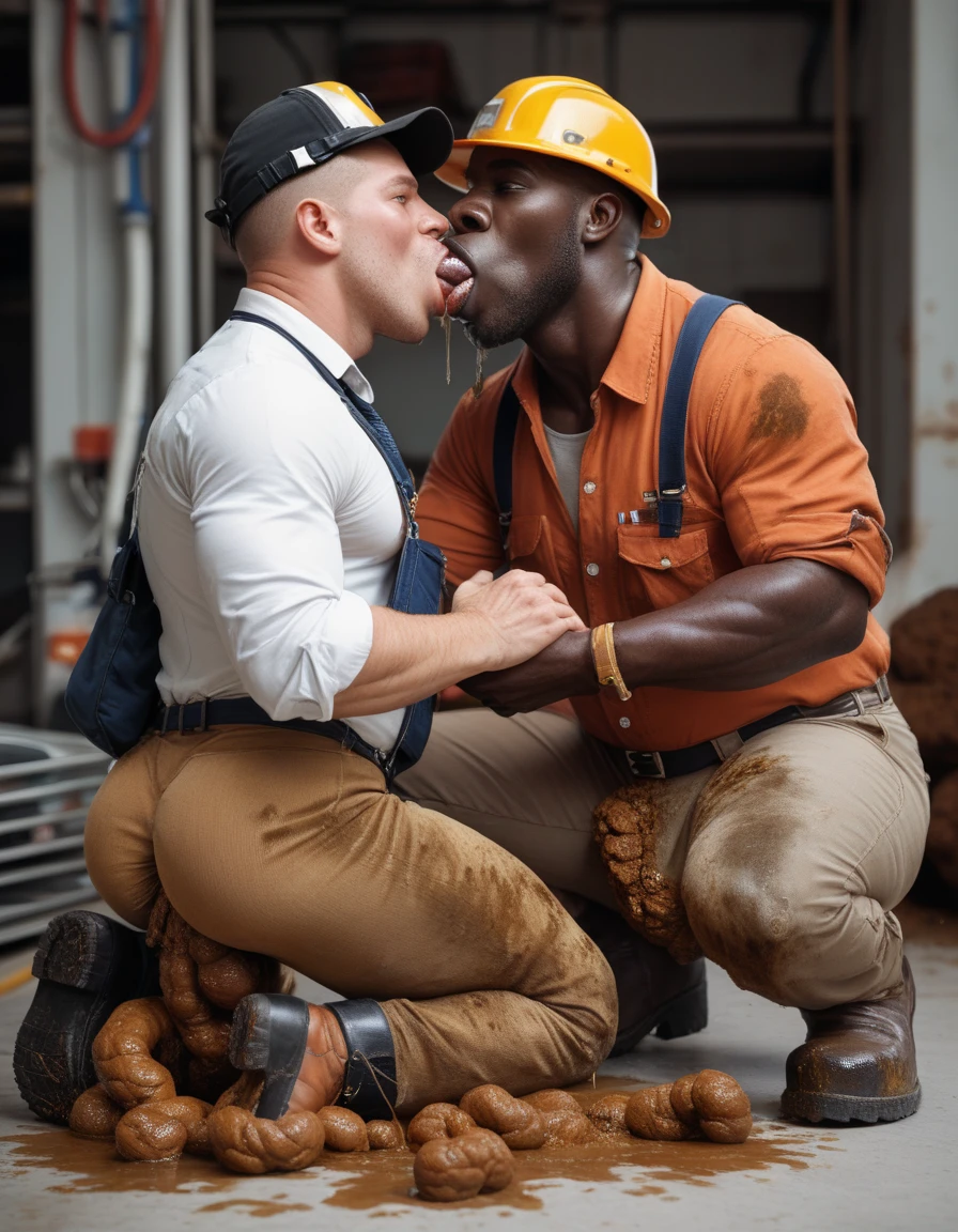 nude Hawaiian man squatting, athletic masculine male sitting on small wooden stool In warehouse wearing a construction helmet. rear view.