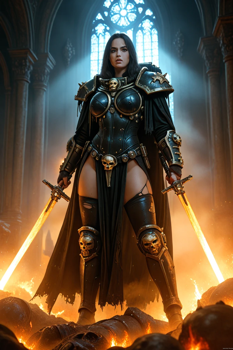 full body fantasy image medieval sexy bombshell aztec queen, complex extraterrestrial alien machine, pipes, gears, smoke, steam, 3D, elaborate abro details, twilight, foreboding, gloomy, futuristic