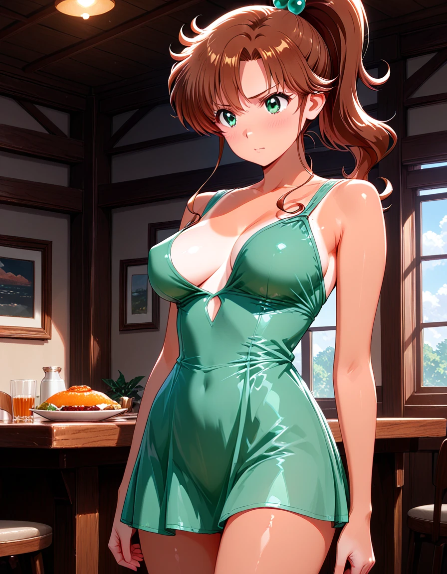 <lora:christinasierra3:1>christinasierra, 1girl, solo, , brown hair, ,sidelocks, long hair, , cowboy shot, blue china dress, pelvic curtain , sleeveless ,white elbow gloves, double bun, (smile:0.5), cleavage, huge breasts, masterpiece, best quality, solo, green eyes, looking at viewer, blush
