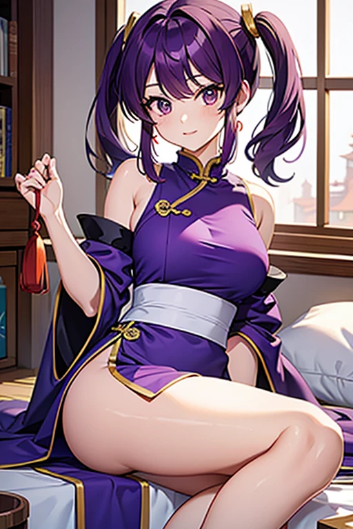 Kneeling on the bed, hands on the head pose, hourglass figure, purple, raiden shogun