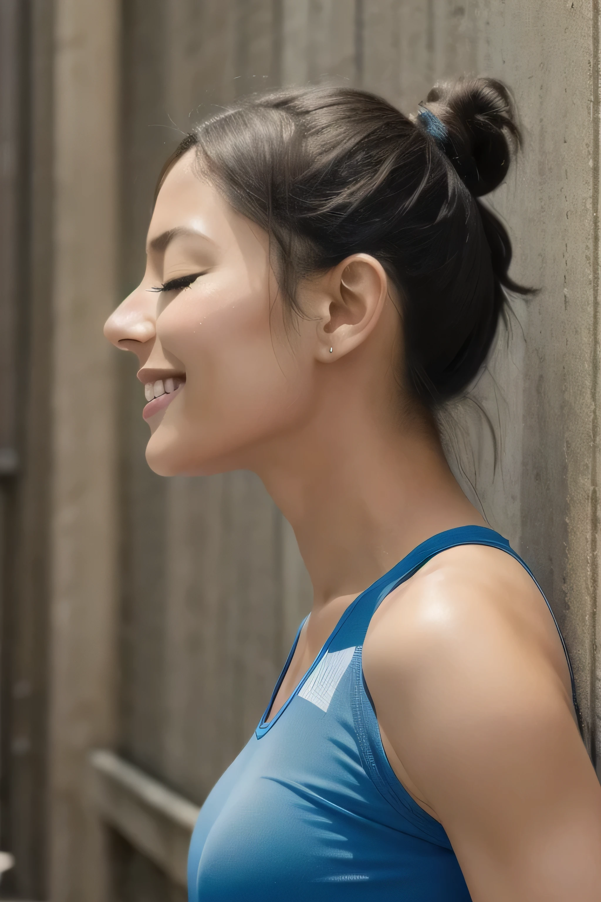 Chouchou Akimichi,solo, upper body, side view, viewed from side, smile, sensual expression,eyes closed,leaning forwards,leaned forwards,sweaty
