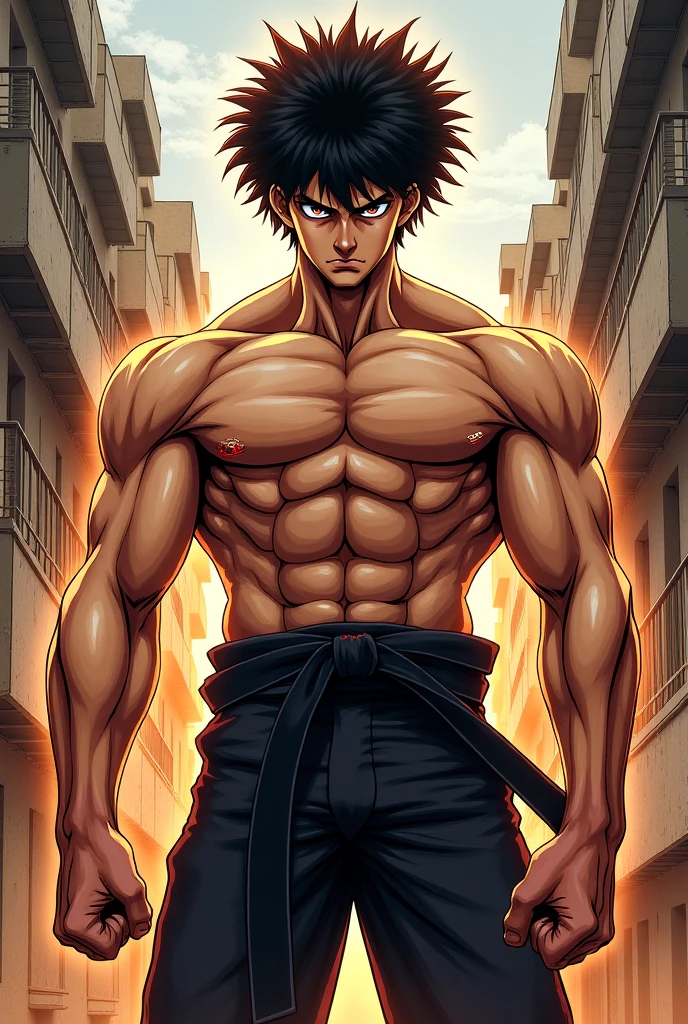 An illutration of a muscular character in the style of Keisuke Itagaki's baki manga, au cheveux long noir, de face