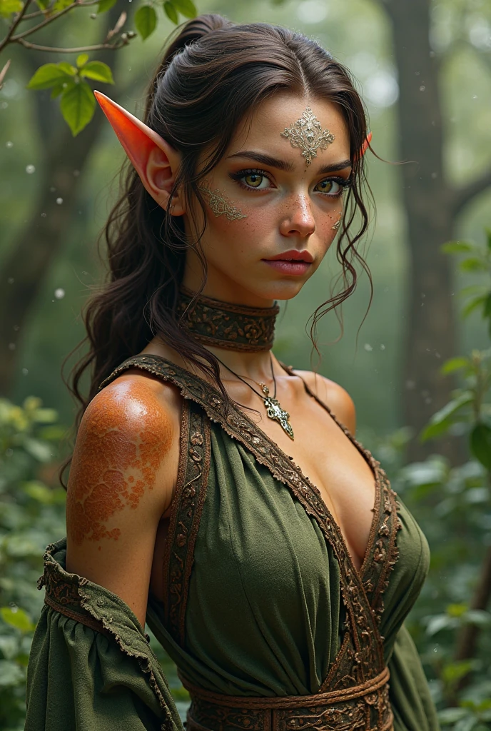 A beautiful forest elf, large breasts, ultra detailed skin, dry leaf clothing, camouflaged, thin waist, wet skin, skin details, well detailed face, wet, forest, dry branches, night, dramatic effect, a dark background forest with an intense fog, ultra realistic and detailed, best quality, 32K, amazing photography, natural night light, movie directed by Peter Jackson twilight wide-angle lens: :20 H.R Giger::20 --ar 2048:1536 --iw 1.3 --s 300 --v 5.1 --raw style